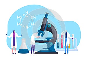 Scientists research in chemical or medical lab concept, vector illustration. Science, chemistry, biology, pharmacy and