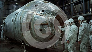 Scientists stand solemnly around the capsule a sense of awe and wonder in their eyes as they contemplate its