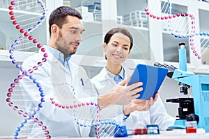 Scientists with tablet pc and microscope in lab