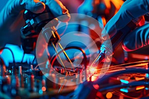 Scientists testing equipment using microscopes in a data center. Generative AI