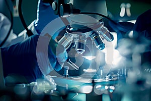 Scientists testing samples using microscopes in a data center environment. Generative AI