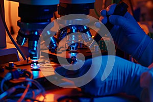 Scientists testing samples using microscopes in a data center environment. Generative AI