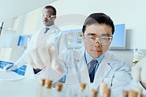 Scientists in white coats working together in chemical laboratory