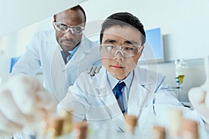 Scientists in white coats working together in chemical laboratory