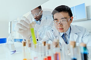 Scientists in white coats working together in chemical laboratory