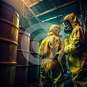 Scientists - workers in chemical protective suits examine chemical barrels in an old warehouse - dep photo