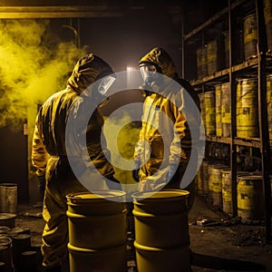 Scientists - workers in chemical protective suits examine chemical barrels in an old warehouse - dep photo