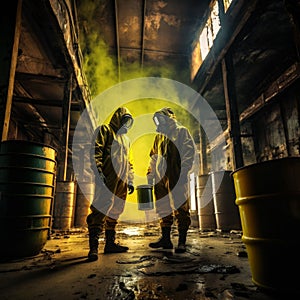Scientists - workers in chemical protective suits examine chemical barrels in an old warehouse - dep