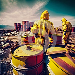 Scientists - workers in chemicals protective suits investigate waste collectors with toxic chemicals