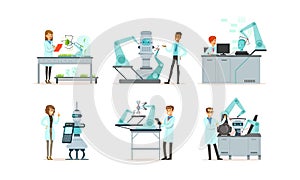 Scientists Working in Laboratory with Robots Vector Illustrations Set
