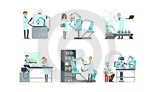 Scientists Working in Laboratory with Robots Vector Illustrations Set