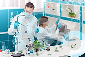 Scientists working with plants at modern laboratory