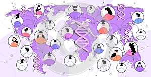 scientists on world map discussing during virtual meeting DNA testing genetic engineering global communication
