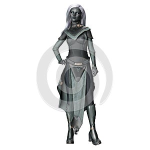 Scifi Alien Woman with Gray Skin with Hand on Hip Isolated, 3D Illustration, 3D rendering