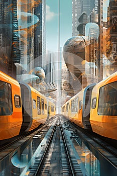 Scifi city triptych with abstract buildings and a city train in light cyan and amber style.