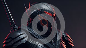 Scifi futuristic black soldier. 3D Illustration of a cyber man in armor with a sword. 3d rendering of a futuristic robot in a dark