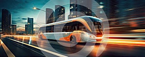 Scifi or futuristic bus in motion in evening city