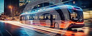 Scifi or futuristic bus in motion in evening city