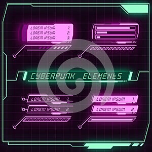 Scifi futuristic panel collection of HUD elements GUI VR UI design Cyberpunk neon glow retro style