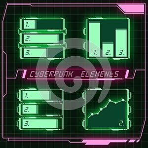 Scifi futuristic panel collection of HUD elements GUI VR UI design Cyberpunk neon glow retro style