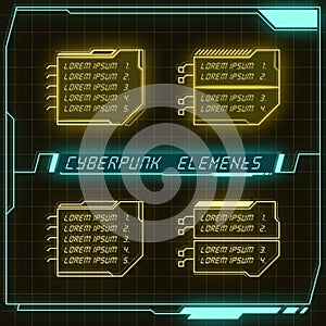 Scifi futuristic panel collection of HUD elements GUI VR UI design Cyberpunk neon glow retro style