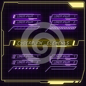 Scifi futuristic panel collection of HUD elements GUI VR UI design Cyberpunk neon glow retro style