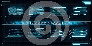 Scifi futuristic panel collection of HUD elements GUI VR UI design Cyberpunk neon glow retro style