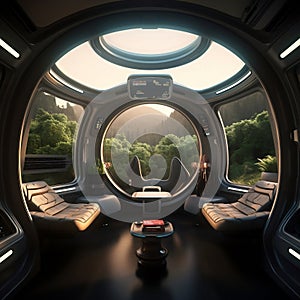 SciFI futuristic space pod with big windows that are looking over the beautiful forest.