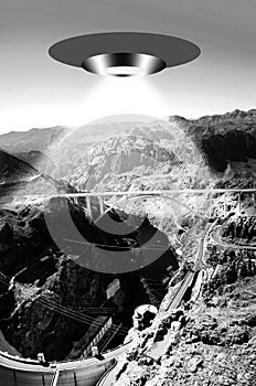 Scifi Illustration of a Ufo flying over the Hoover Dam transmitting  a beam of light