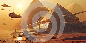 scifi Transport in the future white airship on piramid background