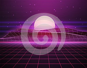 Scifi virtual reality landscape in 80s digital retrofuturistic style. Vector cyberpunk illustration with purple grid floor,