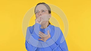 Scik Young Woman Coughing on Yellow Background