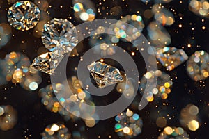 Scintillating diamonds suspended in midair with sparkling light reflections and bokeh