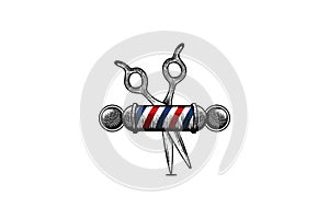 Scissor and Barber pole, Hand drawn barber shop Logo Designs Inspiration Isolated on White Background .