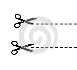 Scissor with cut line. Black scissors isolated on white background. Snip ribbon. Separation element. Scissor with ribbon for desig