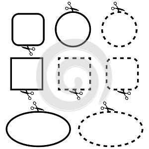 Scissor cut lines set. Circular, square, oval outlines. Coupon border icons. Vector illustration. EPS 10.