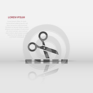 Scissor with cutting line icon in flat style. Cut equipment vector illustration on white isolated background. Cutter business