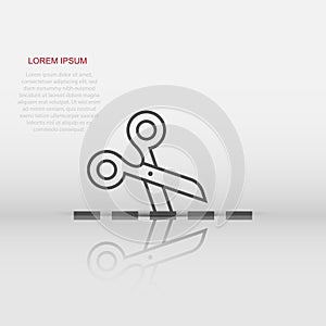 Scissor with cutting line icon in flat style. Cut equipment vector illustration on white isolated background. Cutter business