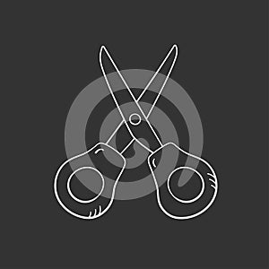 Scissor in doodle style, vector illustration. School tool icon for print and design. Isolated element on a chalk board