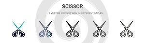 Scissor icon in filled, thin line, outline and stroke style. Vector illustration of two colored and black scissor vector icons