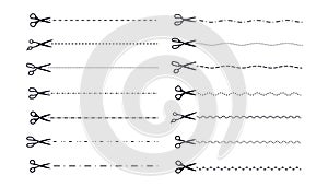 Scissor line cut. Scissors trim dot dash border, sketch cutout icons, black zigzag straight crop lines with tailor photo