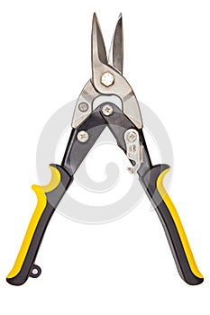 Scissor tin snips cutting sheet metal. Construction, industrial scissors isolated on white background