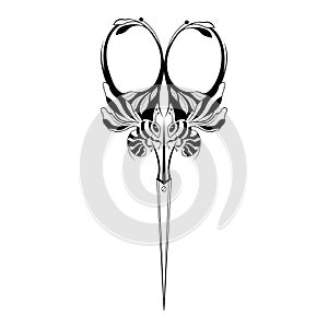 Scissors with bees on the handle. Design for logo for tool shop, barbershop, sewing scissors, decor, tattoo, salon