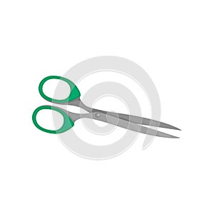 Scissors with bright green plastic handles and long sharp blades. Tool for cutting paper and carton. Flat vector icon