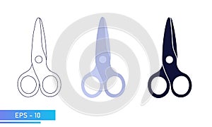 Scissors for children for hobbies and applications. In solid fill, in lines and in color. Hobby and leisure items