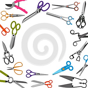 Scissors with colored handles frame, vector illustration. Beauty salons or tailors tools, shears and scissors in round