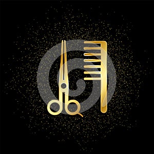 Scissors, comb, barber gold, icon. Vector illustration of golden particle