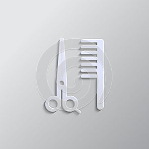 Scissors, comb, barber paper style, vector icon. Grey color vector background