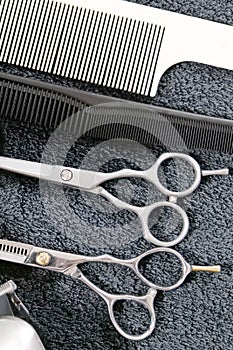 Scissors, comb on the Barber`s Desk