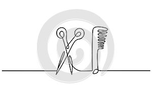 Scissors and comb business icon. Continuous line